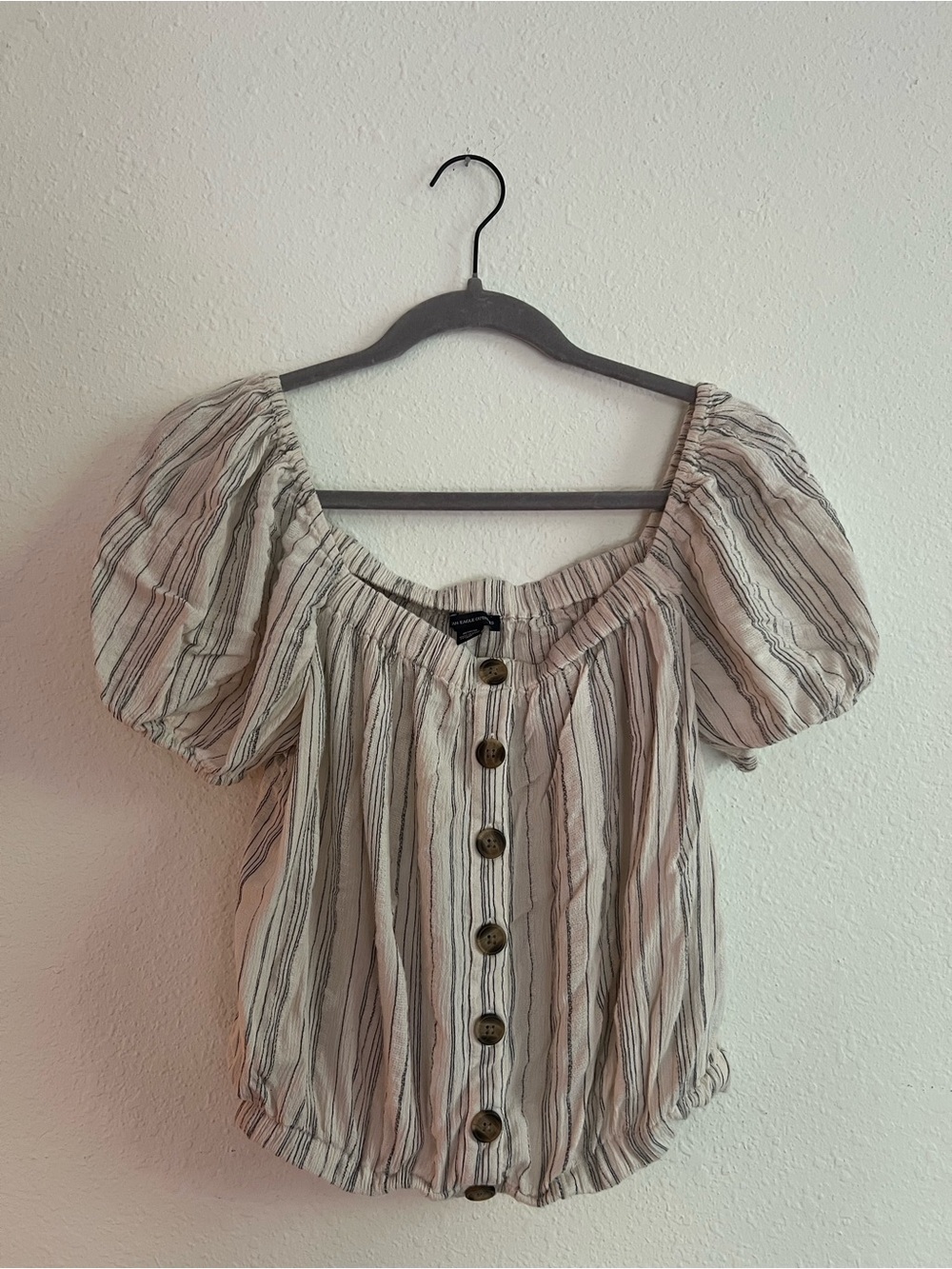 American Eagle Outfitters Cream and Beige Striped Puff-Sleeve Button Top